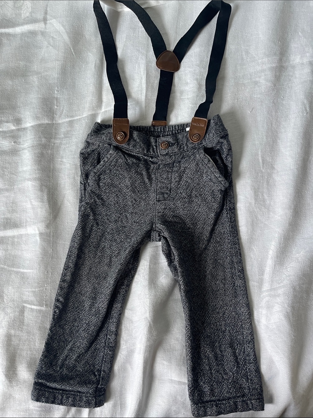 Gymboree Gray Herringbone Overalls with Black Suspenders